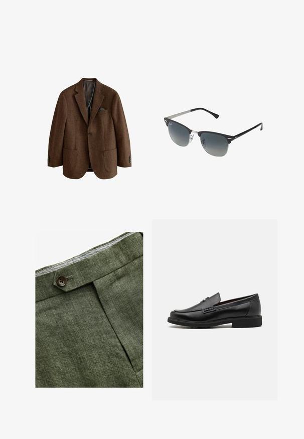Brown tweed jacket with a notched lapel, two front pockets, and four-button cuff accents. Lined interior with pocket square detail.; Light blue striped long-sleeve shirt with a white collar and cuffs, featuring a button-up front and a curved hemline. Smooth fabric texture.; Olive green linen trousers with a front pleat, featuring a button closure and a contrasting checkered lining at the waistband.; Black synthetic loafers with a prominent stitched front, cushioned insole, and flat rubber outsole; sleek design with minimal detailing.; Black and silver sunglasses with a cat-eye shape, gradient lenses, and metallic accents on the frame. Plastic arms with grey tips.