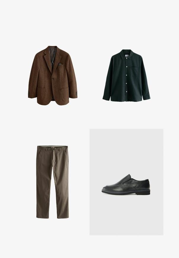 Brun tweedjakke med notch-lapel, to forlommer og fire-knap mansjetter. Fodret inderside med lommetørklæde-detalje.; Mørkegrøn skjorte med knaplukning, krave, lange ærmer og en enkelt brystlomme; har hvide knapper og en blød tekstur.; Brune bomulds chinos med lige ben-design, forlommer og knaplukning. Har en glat tekstur og rene linjer.; Sorte læder slip-on sko med en glat overdel, syede detaljer, rund tå og en lav gummihæl. Sålen har minimal profil.