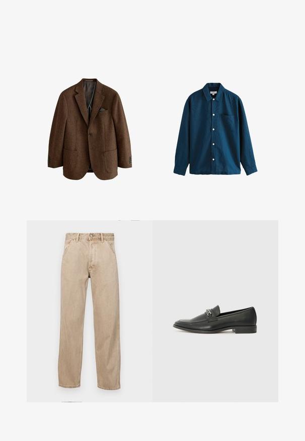 Hnedý tweedový sako s klopou, dvoma prednými vreckami a akcentami na manžetách so štyrmi gombíkmi. Podšitý interiér s detailom vreckovej štvrťky.; Modrá dlhá košeľa s gombíkmi s klasickým golierom, jednou náprsnínou a bielymi gombíkmi. Mäkka textúra s jemným leskom.; Bežové denimové rifle so strihom rovného nohu, s prednými vreckami, kovovým zapínaním na gombík a jemnou textúrou.; Čierne kožené loafers s hladkým povrchom, s prešitým dizajnom a dekoratívnym kovovým reťazovým akcentom cez priehlavok. Plochý podpätok.