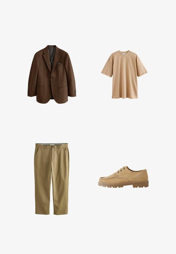 Sacou din tweed maro cu rever în formă de v, două buzunare frontale și accente cu patru butoane la mansete. Interior captusit cu detalii de batistă.; Tricou bej cu mânecă scurtă, fabricat din bumbac, cu guler rotund și croială lejeră, având o textură netedă și fără modele sau accente.; Chino khaki din amestec de bumbac, dotat cu două buzunare laterale, închidere cu un nasture, picioare drepte și o textură netedă.; Pantof tan din suede, cu șireturi, vârf rotund, cusături contrastante și o talpă groasă din cauciuc, având un model cu zgârieturi pentru tracțiune.