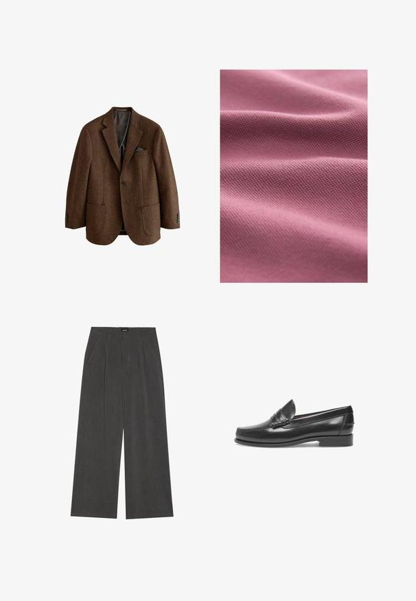 Veste en tweed marron avec un col cranté, deux poches avant et des accents de poignet à quatre boutons. Intérieur doublé avec détail de poche carré.; Tissu texturé rose clair avec un tissage subtil, affichant de douces ondulations et une surface lisse.; Pantalons à jambe large en tissu gris foncé, dotés d'un devant plissé, de deux poches latérales et d'une taille plate. Texture lisse et design ajusté.; Mocassins en cuir noir avec un bout rond, des détails cousus et une petite sangle d'accent. Semelle plate avec un léger talon. Texture lisse.