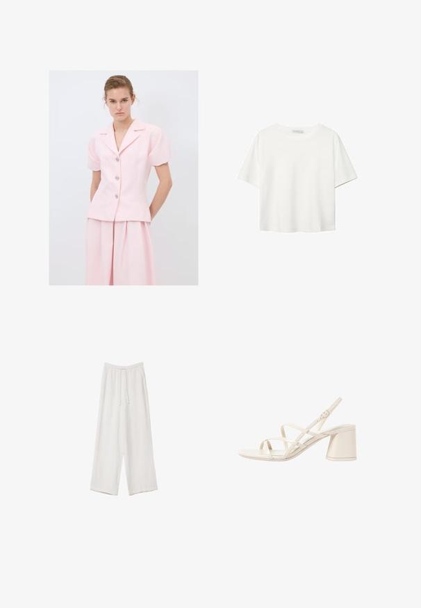 Blazer su misura rosa chiaro con maniche a sbuffo corte, colletto a scalloped, bottoni argentati e tasche laterali, abbinato a pantaloni coordinati.; T-shirt bianco a maniche corte realizzato in cotone. Presenta un collo tondo e una vestibilità rilassata. Texture liscia senza motivi o dettagli visibili.; Pantaloni a gamba larga bianchi realizzati in un tessuto leggero. Presentano una vita elastica con cordoncino e tasche laterali. Texture liscia.; Sandali con tacco beige con sottili cinturini incrociati, punta aperta e tacco quadrato a blocco. Finitura in vernice liscia, cinturino alla caviglia regolabile.
