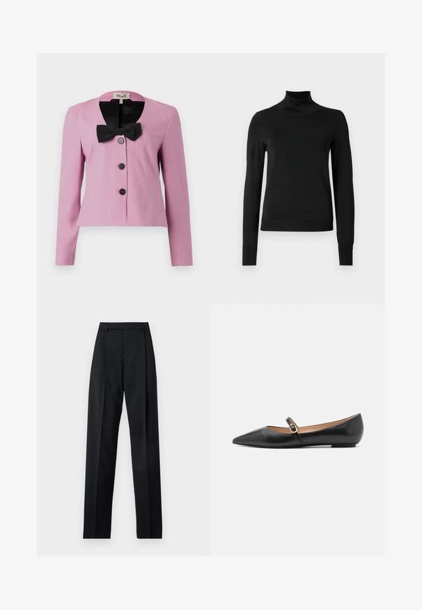 Ružová skrátená bunda s dlhými rukávmi, čierna mašľa na golieri a tri čierne gombíky. Hladká tkanina s priliehavým strihom.; Čierny dlhý rukáv rolák s rebrovanými manžetami a lemom, zobrazený na čistej bielej pozadí.; Čierne nohavice vyrobené z hladkej látky s vysokým pásom, širokými nohavicami, prednými záhybmi a klasickými pútkami na opasok. Žiadne bočné vrecká nie sú viditeľné.; Čierne kožené baletky s špicatou špičkou a bočným remienkom s kruhovým zlatým akcentom. Ľahké s plochou podrážkou.