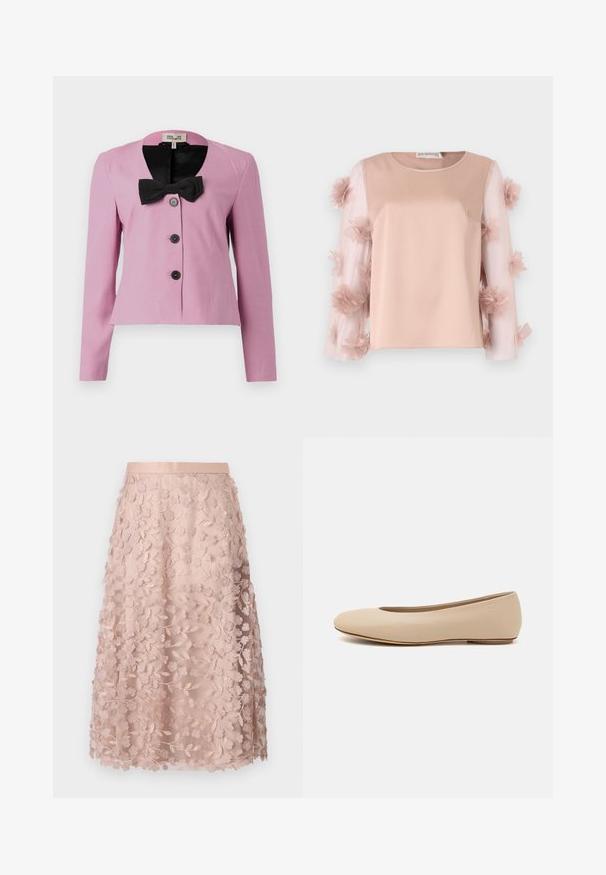 Różowa krótka kurtka z długimi rękawami, czarną kokardą przy kołnierzu oraz trzema czarnymi guzikami. Gładki materiał z dopasowanym krojem.; Jasnoróżowa bluzka z gładką satynową częścią. Przezroczyste rękawy zdobione są rozmieszczonymi kwiatami z tkaniny, co dodaje tekstury i detali. Okrągły dekolt.; Koronkowa spódnica midi w delikatnym różu z kwiatowym haftem, z dopasowaną tasiemką w pasie i warstwowym designem, podkreślająca delikatną fakturę.; Beżowe skórzane baleriny z zaokrąglonym noskiem, minimalnymi szwami, niskim obcasem oraz subtelnym logo z tyłu. Gładka, matowa tekstura.