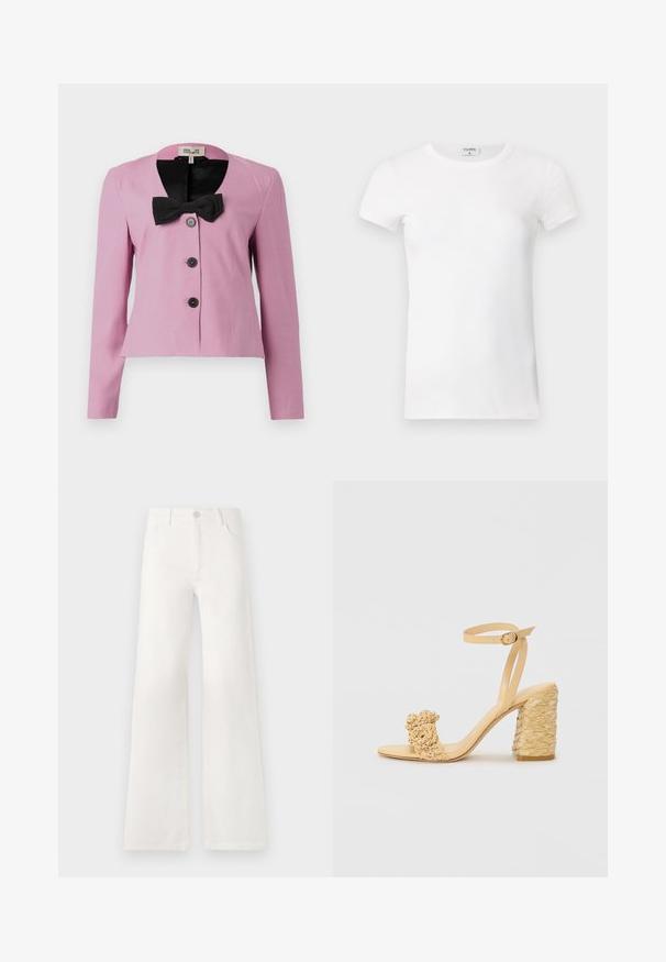 Rózsaszín, rövidített fazonú dzseki hosszú ujjakkal, fekete masni részlet a gallérnál és három fekete gomb. Sima anyagú, testre szabott fazon.; Fehér bordás, rövid ujjú póló, kerek nyakkal. Az anyag simának tűnik, testhezálló fazonnal. A márkázott címke a gallérnál látható.; Fehér, magas derekú, bő szabású farmernadrág. Gombos záródással, két elülső zsebbel és oldalsó varrásokkal rendelkezik, amelyek varrási részleteket tartalmaznak.; Bézs színű magassarkú szandál fonott textúrával, díszítő virággal és bokapánttal. A négyzet alakú sarok stabilitást biztosít.
