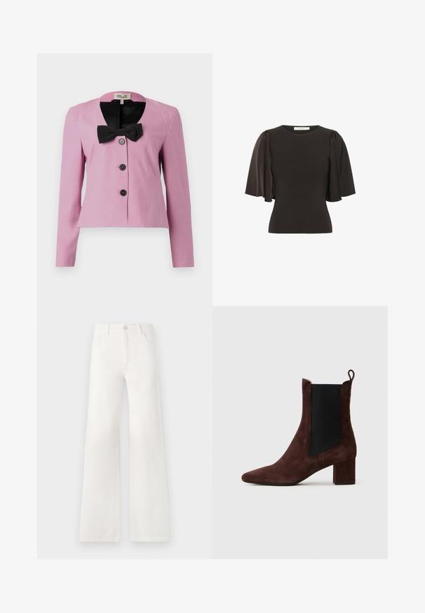 Rozā apgriezta jaka ar garām piedurknēm, melna loku detaļa pie apkakles un trīs melnas pogas. Gluda auduma, ar pieguļošu piegriezumu.; Melnas blūzes ar īsām, puffētām piedurknēm, izgatavota no gludas auduma. Iezīmēta arapaļo kakla izgriezumu un pieguļošu siluetu.; Baltas, augsto jostasvietu platās kājas džinsi, izgatavoti no denima. Iekļauj pogu aizdari, divas priekšējās kabatas un sānu šuves ar šuvju detaļām.; Tumši brūni zamšādi potītes zābaki ar blokveida papēdi, melna elastīga sānu paneļa un cilpu aizmugurē uz gaiša fona.