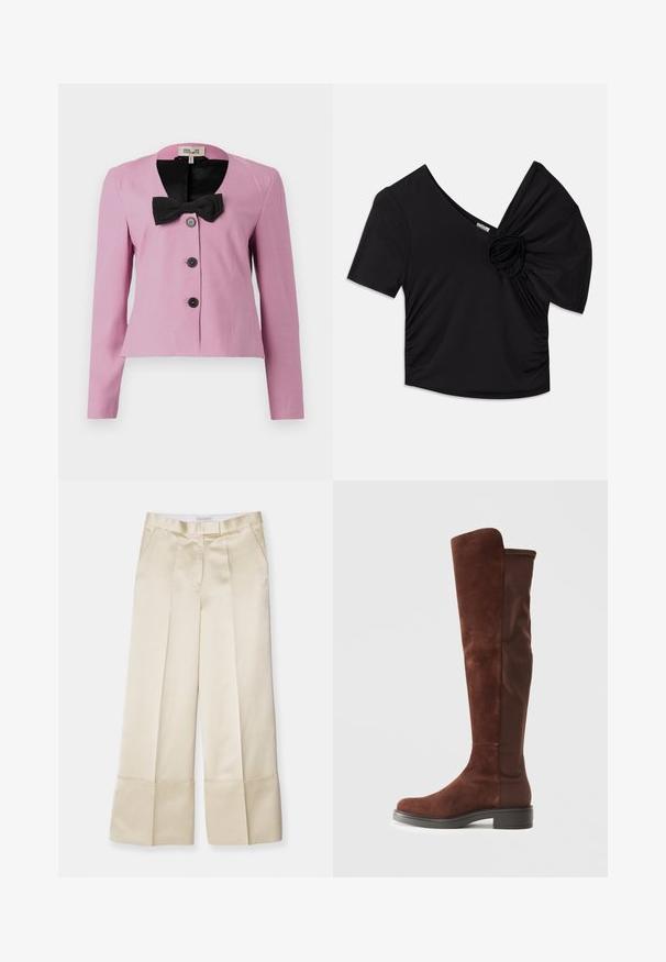 Pink cropped jacket with long sleeves, black bow detail at collar, and three black buttons. Smooth fabric with a tailored fit.; Black short-sleeve top featuring a deep V-neck and a textured floral accent on one shoulder with gathered detailing on the side.; Beige wide-leg trousers in smooth fabric with a high waistband, pleated front, and folded hem, featuring side pockets and a clean finish.; Tall brown suede and fabric boot with low black heel and rounded toe, shown in side view on plain white background.