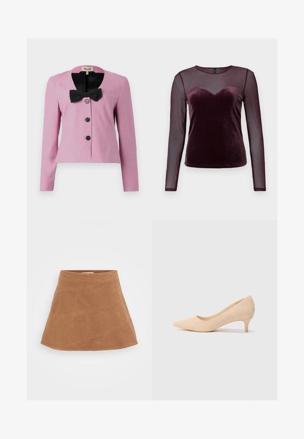Jachetă roz scurtă, cu mâneci lungi, detaliu de fundiță neagră la guler și trei nasturi negri. Material neted cu o croială ajustată.; Top lung cu mâneci lungi de un burgund, având un corset din catifea cu decolteu în formă de inimă și mâneci din plasă transparentă, textură netedă și design ajustat.; Fustă mini din corduroy maro cu un design evazat, având cusături în diagonală și o textură netedă. Talie plată în partea de sus.; Pumps din suede bej cu toc înalt, ascuțit, și toc subțire de 2 inci. Textură netedă cu detalii minime pe suprafața superioară.