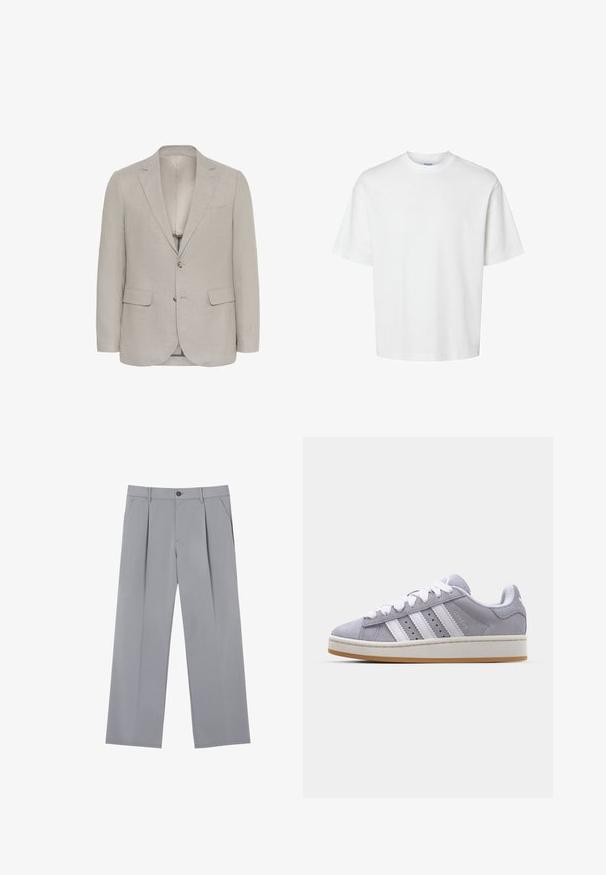 Lichtgrijze blazer van textuurstof, met een notch-lapel, twee voorzakken en twee knopen, en een gladde binnenvoering.; Witte katoenen t-shirt met korte mouwen, ronde hals en een relaxed fit. Gladde textuur zonder zichtbare patronen of accenten.; Grijze geplooide broeken met een ontspannen pasvorm, gemaakt van een lichte stof. Voorzien van voorzakken en een knoopsluiting in de taille.; Grijze suede sneakers met witte strepen, ronde neus en rubberen zool. Heeft perforaties aan de zijkant en een getextureerde hiel tab.