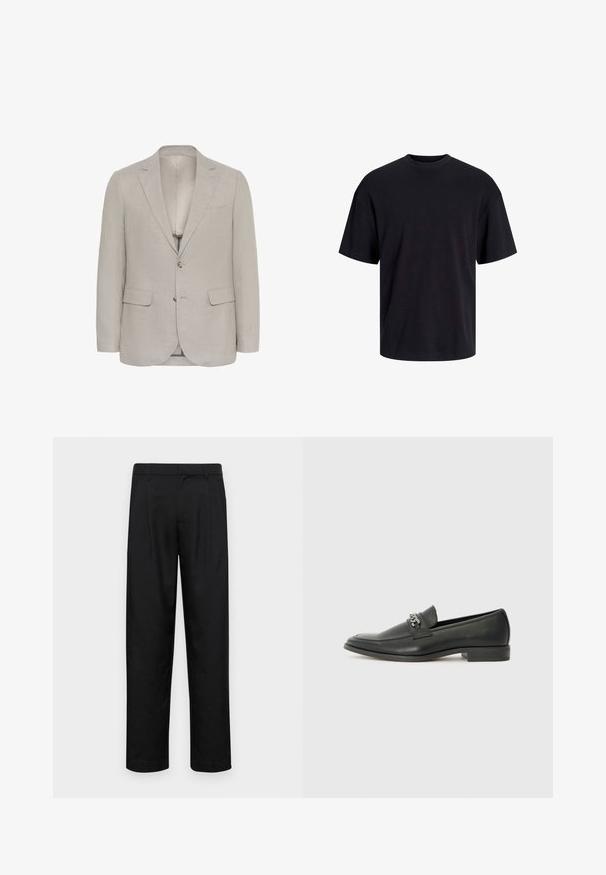 Hele hall blazer, mis on valmistatud tekstuuriga kangast, millel on lõigatud krae, kaks eesmist taskut ja kaks nööpi, ning sile sisemine vooder.; Must must on mustre, lühikeste varrukatega ja vabalt langev. Sile tekstuur ja ilma nähtavate mustrite või aktsentideta.; Mustad mustadest riietest, millel on sirge jalgade disain, kaks eesmist voltimist ja tavaline vöökoht, millel on vöökohad.; Must haveate nahkking punased, millel on sile viimistlus, tikitud muster ja dekoratiivne metallkett vampi üle. Tasane konts.