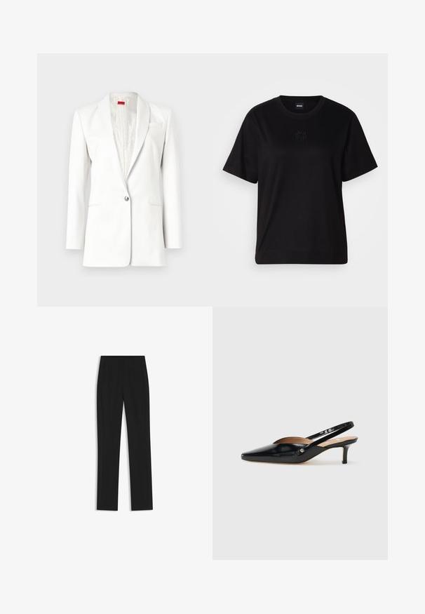 Blazer blanc avec une fermeture à bouton unique, des revers et une texture subtile. Comprend un détail de pochette et un revêtement intérieur satiné.; T-shirt en coton noir avec un col rond, des manches courtes et un logo brodé sur la poitrine. Coupe simple et décontractée sans motifs.; Pantalon noir ajusté avec une coupe droite, doté de poches avant et d'un tissu lisse et texturé. Détails soignés et minimalistes.; Aiguillettes en cuir verni noir avec un bout pointu, un petit talon, et un design découpé sur le dessus. Accent en métal doré sur le côté.