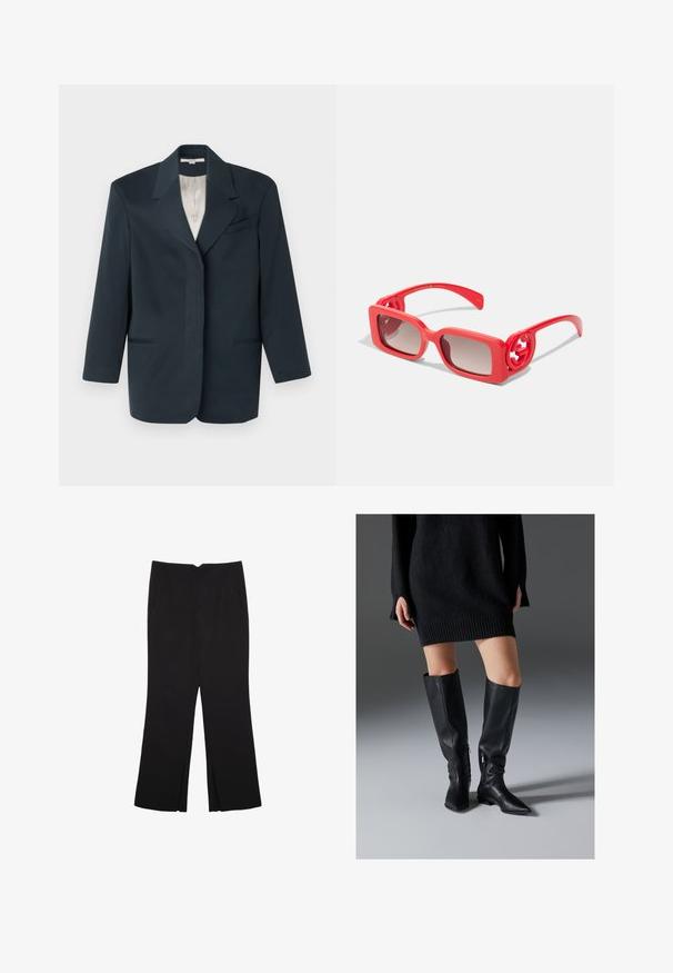 Blazer navy con rever a losanga, tasca singola sul petto, due tasche frontali e fodera interna liscia. Vestibilità strutturata con maniche lunghe.; Top nero a maniche corte realizzato in tessuto liscio; presenta un colletto drappeggiato e un orlo asimmetrico, con una vestibilità aderente.; Pantaloni neri a gamba dritta, con tasche frontali e spacchi laterali all'orlo. Realizzati in tessuto morbido e liscio. Adatti a diverse occasioni.; Stivali alti in pelle nera sopra il ginocchio con punta affusolata, suole piatte e cerniere laterali. Texture liscia, design elegante senza decorazioni.; Occhiali da sole in plastica rossa con montatura quadrata, lenti sfumate e accenti del logo circolare sulle tempie. Superficie liscia con finitura lucida.
