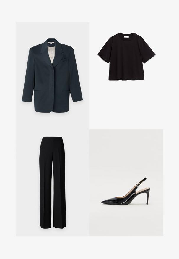 Blazer azul-marinho com lapela cortada, um bolso no peito, dois bolsos frontais e um forro interior suave. Ajuste estruturado com mangas longas.; T-shirt de algodão preto com decote redondo e mangas curtas. Apresenta um corte descontraído e um design simples, sem adornos.; Calças largas pretas com uma textura suave, apresentando uma cintura alta e pregas centrais. Sem padrões visíveis ou detalhes em metal.; Sandal com salto em verniz preto, bico fino, salto esguio e um design de recorte subtil. Apresenta uma fivela dourada na alça.