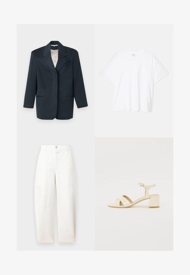 Navy blazer featuring a notched lapel, single chest pocket, two front pockets, and a smooth interior lining. Structured fit with long sleeves.; White cotton t-shirt with short sleeves, round neckline, relaxed fit, and stitched hem. Label visible on the inside neck.; CLOSED RHANNON - Wide Leg - ivory; Beige patent leather heeled sandals with cross strap design, open toe, adjustable ankle strap, and a block heel. Smooth texture.