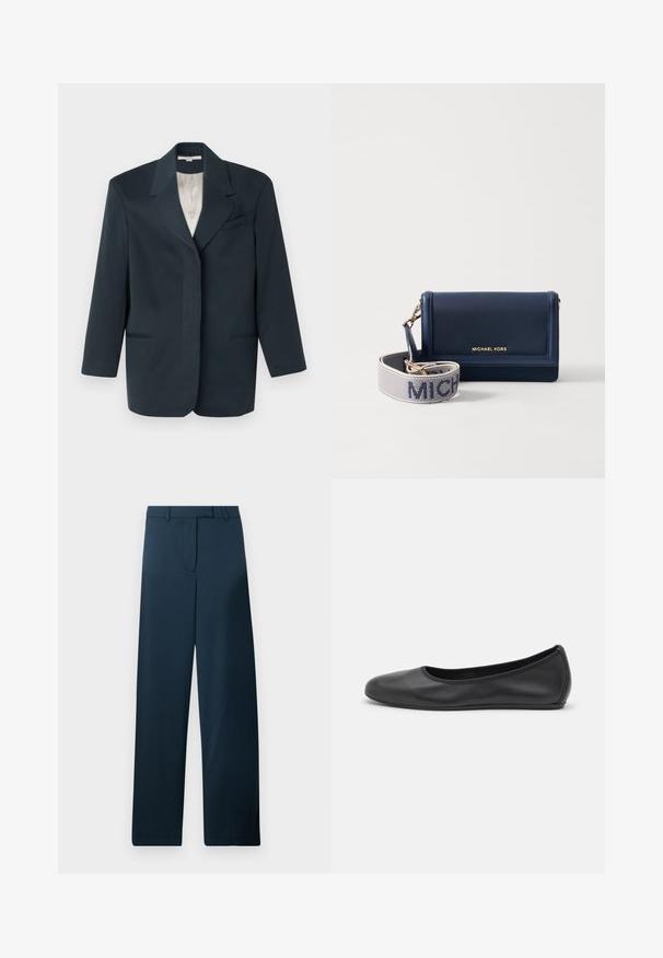 Navy blazer featuring a notched lapel, single chest pocket, two front pockets, and a smooth interior lining. Structured fit with long sleeves.; White short-sleeve t-shirt made of ribbed fabric. Round neckline, regular fit, and subtle stitching details. No patterns or graphics.; Navy blue wide-leg trousers with a smooth texture, flat front, and belt loops. Features minimalistic design and no visible patterns or accents.; Black leather ballet flat with a rounded toe, smooth texture, minimal stitching detail, and a flexible sole design.; Navy leather wallet with a gold logo, features a detachable strap with "MICHAEL" in white text on a textured background. Compact design.