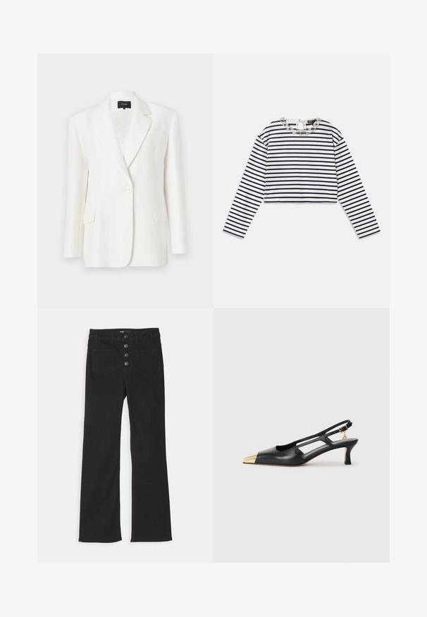 Valge linane bleiser, mis on kohandatud sobivusega, nurgeliste krae, ühe nööbiga sulgemine ja kaks esi_taskut. Sile tekstuur ja minimaalne disain.; Ribidega valge ja tumesinise tooniga pika varrukaga topp, lühikese disainiga ümmarguse kaelusega, millel on dekoratiivne hõbedane kett kaeluse detailina.; Mustad denimist laiad jalad kõrge vöökohaga, viie taskuga disain ja esine nupuga kinnitamine, kus on neli metallnuppu.; Must must kottislingidega must nahkne king, millel on terav varvas ja kuldne metallist kapuuts. Omab lõikekujundust ning peaõhuke konts koos reguleeritava rihmaga.