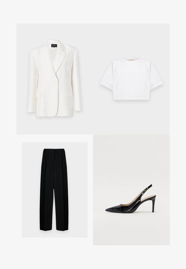 Witte linnen blazer met een getailleerde pasvorm, puntenkraag, enkele knoopsluiting en twee voorkruppockets. Soepele textuur en minimalistisch ontwerp.; Gemiddelde witte T-shirt gemaakt van zachte stof, met korte mouwen, een ronde halslijn en geribbelde zoomdetails. Eenvoudig en ongecompliceerd ontwerp.; Zwarte wijde broek met een hoge taille, met plooien en een gladde textuur. De stof lijkt lichtgewicht en valt elegant.; Zwarte gepatineerde leren slingback pump met een puntige neus, slanke hak en een subtiel uitgesneden ontwerp. Bevat een gouden gesp op de band.