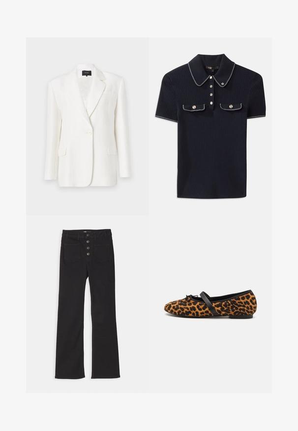 Blazer de lino blanco con un corte ajustado, solapas con muesca, cierre de un solo botón y dos bolsillos frontales. Textura suave y diseño minimalista.; Polo de rayas marino con cuello puntiagudo, mangas cortas y dos bolsillos frontales con botones a presión; destacado con costuras en blanco.; Vaqueros de mezclilla negra acampanados con cintura alta, diseño de cinco bolsillos y cierre frontal con cuatro botones de metal.; Bailarinas de leopardo con detalles en negro, que presentan una punta redondeada, una suela plana y un lazo decorativo en la parte delantera. Textura suave.