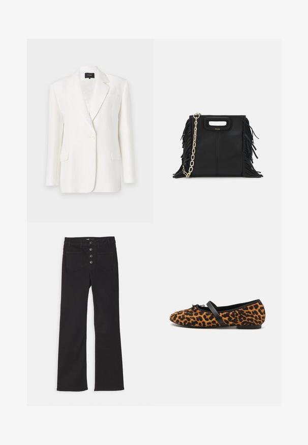 Blazer de lino blanco con un corte ajustado, solapas con muesca, cierre de un solo botón y dos bolsillos frontales. Textura suave y diseño minimalista.; Polo de rayas marino con cuello puntiagudo, mangas cortas y dos bolsillos frontales con botones a presión; destacado con costuras en blanco.; Vaqueros de mezclilla negra acampanados con cintura alta, diseño de cinco bolsillos y cierre frontal con cuatro botones de metal.; Bailarinas de leopardo con detalles en negro, que presentan una punta redondeada, una suela plana y un lazo decorativo en la parte delantera. Textura suave.; Bolso de mano de cuero negro con detalles de flecos, correa de cadena dorada para el hombro y un asa con corte. Presenta una colocación del logotipo en la parte frontal.