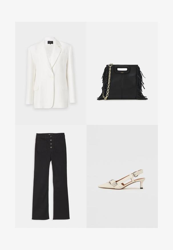 Valkoinen pellavablazeri, jossa on taidokas istuvuus, lovetut kaulukset, yksittäinen napitus ja kaksi etutaskua. Silkkinen rakenne ja minimaalinen muotoilu.; Laadukas tummansininen farkku-paita, jossa on tukeva kaulus, lyhyet hihat ja kaksi etutaskua, joissa on nepparit; valkoiset ompeleet korostavat tyyliä.; Mustat farkut, joissa on leveät lahkeet, korkea vyötärö, viisi taskua ja edessä neljä metallista nappia.; Valkoinen nahkainen slingback-kengät, jossa on terävä kärki, pieni korko ja säädettävä hihna, jossa on näyttävä hopeinen solkiyksityiskohta.; Musta nahkakäekott, millel on frantsiisidetailid, kuldne õlgade rihm ja lõikega käepide. Ees on logo paigutus.