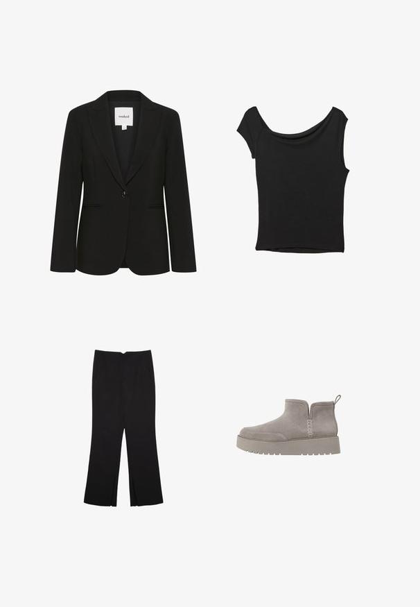 Svart skräddarsydd blazer i glättat material, med en enkel knappstängning, spetsiga slag och två framfickor.; Svart kortärmad topp i slät tyg; har en draperad halsringning och asymmetrisk nederkant, med en figursydd kropp.; Svarta byxor med rak passform, utrustade med framfickor och sidoklyvningar vid fållen. Tillverkade av mjukt, slätt tyg. Lämpliga för olika tillfällen.; Grå mocka ankelstövel med låg profil, elastiska sidopaneler och en strukturerad gummisul. Har en dragflik för enkel påtagning.