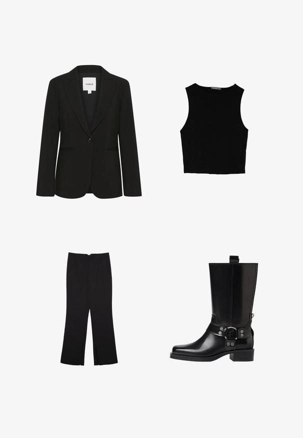 Čierny klasický blejzer vyrobený z hladkej tkaniny, s jedným gombíkom na zapínanie, klopovými goliermi a dvoma prednými vreckami.; Čierny bezrukávový crop top vyrobený z hladkej tkaniny, so zaobleným výstrihom a čistým, jednoduchým dizajnom bez vzorov alebo kovania.; Čierne nohavice so strihom rovného strihu, s prednými vreckami a bočnými rozparkami na leme. Vyrobené z mäkkej, hladkej tkaniny. Vhodné na rôzne príležitosti.; Čierne kožené čižmy po kolená s špicatou špičkou, striebornými prackami a robustným podpätkom. Obsahujú pútko pre jednoduché obúvanie.