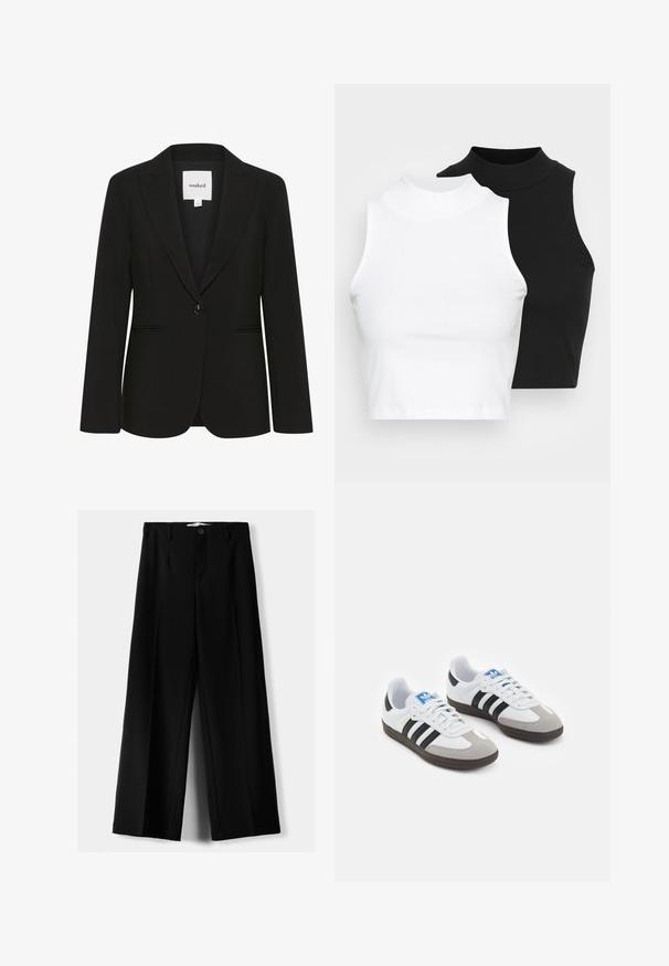 Czarna dopasowana marynarka wykonana z gładkiego materiału, z pojedynczym zapięciem na guzik, klapami i dwoma przednimi kieszeniami.; Dwa bezrękawnikowe golfy w kolorze czarnym i białym, charakteryzujące się dopasowanym fasonem i gładką teksturą, o skróconej długości.; Czarne spodnie szerokie, wykonane z lekkiego materiału, z zapięciem na guzik z przodu i gładkim przodem, z starannie wykończonymi brzegami.; Buty sportowe z białą skórzaną cholewką, szarym zamszowym noskiem i trzema czarnymi paskami. Posiadają niebieskie logo na języku oraz teksturowaną gumową podeszwę.