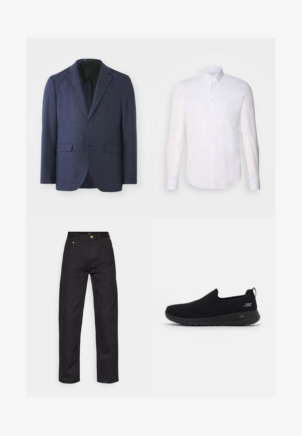 Námořnický modrý blazer z texturované tkaniny. Klopové límce, zapínání na jeden knoflík, dvě přední kapsy a rozparek na zadní straně. Hladká podšívka.; Bílá košile s dlouhým rukávem vyrobená z bavlny, s klasickým límcem, předními knoflíky a minimálním detailem šití.; Černé džíny s rovný řez, se zelenými akcentními knoflíky a standardním pětikapesním designem. Hladká textura, klasický styl.; Černé nazouvací tenisky s prodyšným síťovaným svrškem, kulatou špičkou a polstrovanou gumovou podrážkou. Na boku se nachází logo.