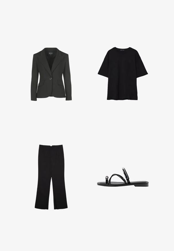 Czarna marynarka o dopasowanym kroju, z klapkami i dwiema przednimi kieszeniami. Posiada zapięcie na jeden guzik oraz gładką teksturę materiału.; Czarna bawełniana koszulka z luźnym krojem, krótkimi rękawami, okrągłym dekoltem i gładką fakturą. Bez widocznych wzorów ani akcentów.; Czarne spodnie o prostym kroju, z przednimi kieszeniami i bocznymi rozcięciami na dole. Wykonane z miękkiego, gładkiego materiału. Odpowiednie na różne okazje.; Czarne płaskie sandały o błyszczącym wykończeniu, z trzema cienkimi paskami i okrąłym detalem metalowym na palcach. Smukły design z minimalnym obcasem.