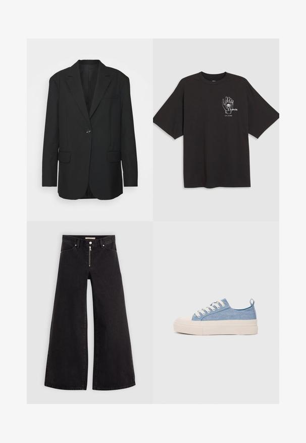ARKET Casaco curto - black; T-shirt de algodão preto com mangas curtas, apresentando uma ilustração de mão e o texto "Levi's LA LUNE" em branco na área do peito esquerdo.; Calças de ganga de perna larga em denim preto com fecho éclair à frente, design de cinco bolsos e detalhes de costura subtil. Textura suave e estilo casual.; Ténis de lona azul claro com uma biqueira e sola de borracha creme, apresentando atacadores brancos e uma alça na parte de trás.