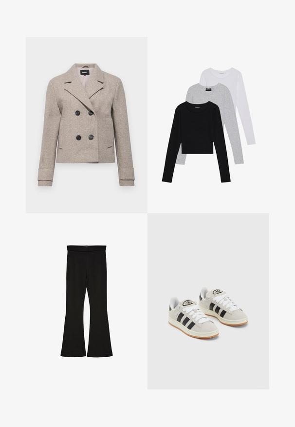 Double-breasted beige cropped jacket with black buttons, notched lapels, and long sleeves, made of textured wool-like material.; Three long-sleeve tops stacked: black, grey, and white. Each has a round neckline and a cropped design with smooth, lightweight fabric.; Black flare leggings made from stretchy fabric. Features a wide waistband and a smooth texture, with a fitted silhouette that flares at the hem.; Gray suede sneakers with white laces, black stripes, and a white rubber sole. Features a circular logo on the tongue and a gum sole.