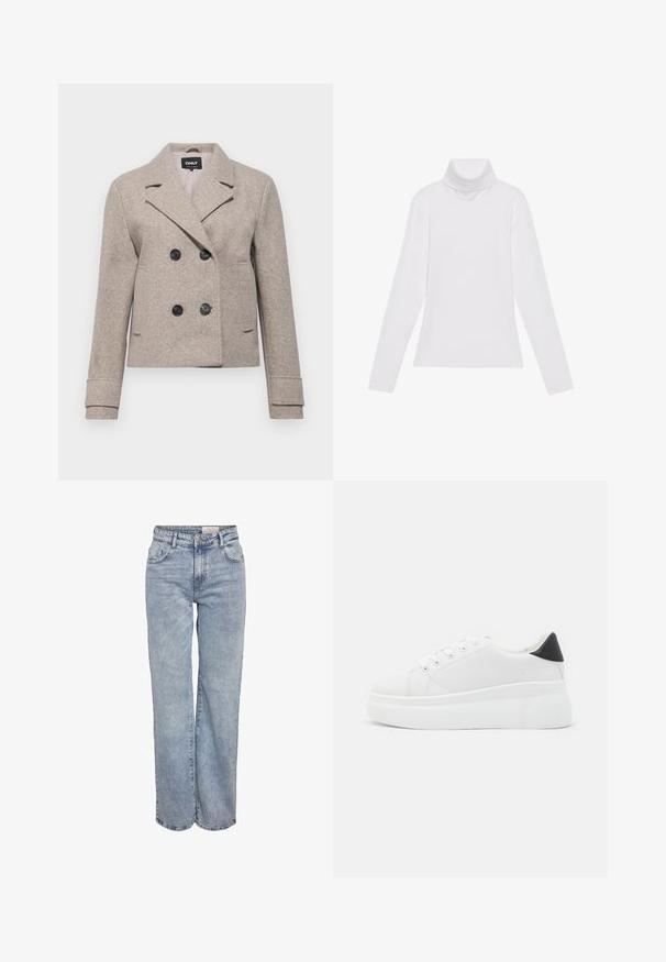 Dubbelt knäppt beige kort jacka med svarta knappar, slagkrage och långa ärmar, tillverkad av strukturerat ull-liknande material.; Vit långärmad polotröja gjord av ett smidigt, stretchigt material. Har en hög krage och åtsittande design, utan synliga mönster eller dekorationer.; Ljusblå vida jeans i denim med hög midja, femficksdesign och subtila blekningar för en använd look.; Vita plattformssneakers gjorda av slät syntetiskt material, med rund tå, snörningsdesign och en texturerad gummisula. Svart hälaccent.