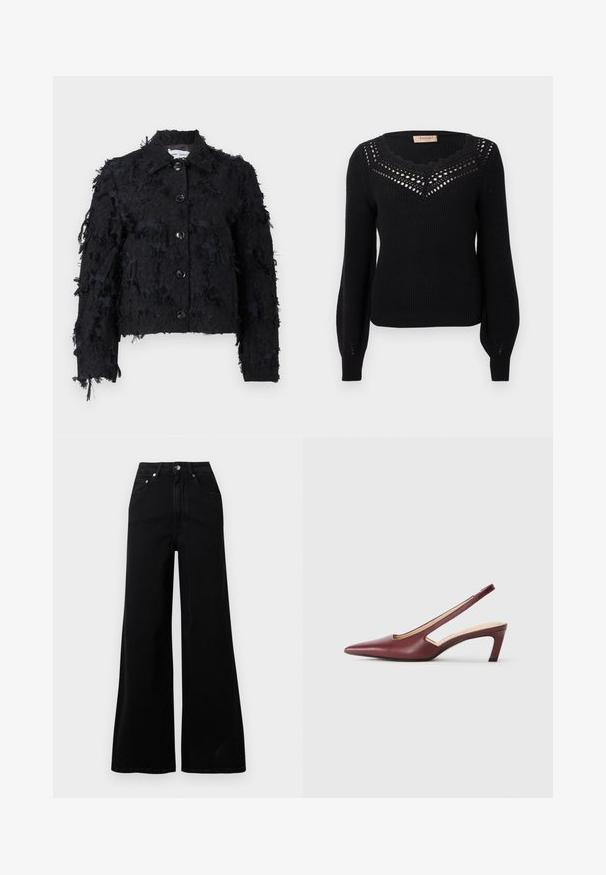 Czarna krótka kurtka z teksturowanej tkaniny, z postrzępionymi detalami, kołnierzykiem i zapięciem na guziki z przodu.; Czarny sweter o prążkowanej fakturze, z dekoltem w falbankę i ażurowym zdobieniem na piersi. Długie rękawy i dopasowana talia.; Czarne jeansy o szerokich nogawkach wykonane z denimu, z wysokim stanem, pięcioma kieszeniami, przednim zapięciem na guziki oraz minimalistycznymi detalami szwów.; Bordowe sandały na obcasie typu slingback z punktowym noskiem, wycięciami po bokach i średnim bloku obcasu. Gładkie wykończenie ze skóry.