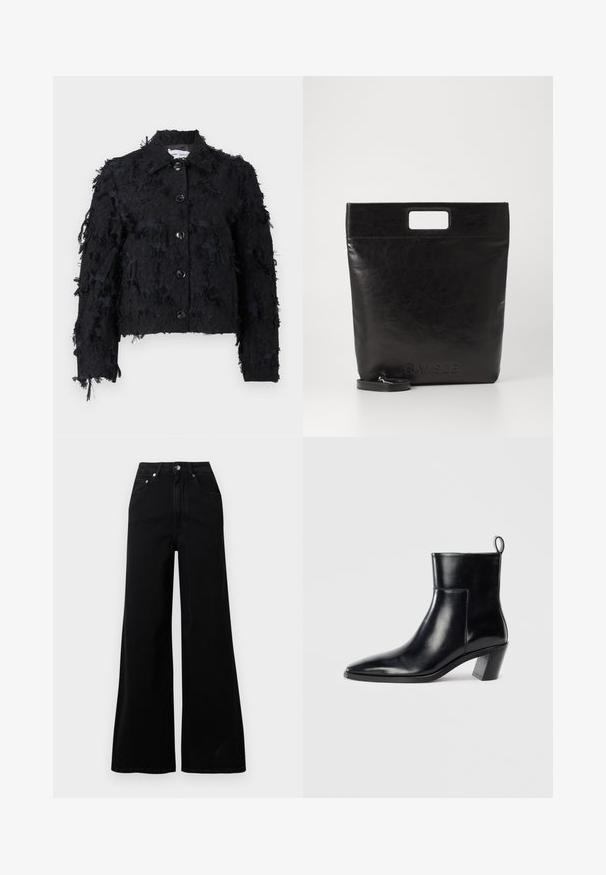 Sort cropped jakke med struktureret stof, som har nøglede detaljer, krave og frontlukning med knapper.; Hvid langærmet skjorte med krave lavet af bomuld. Har en knaplukning fortil og en enkelt brystlomme. Glat tekstur, afslappet pasform.; Sorte jeans med vide ben lavet af denim, med høj talje, fem lommer, knaplukning foran og minimal syning.; Sort læder ankelstøvle med spids tå, geometrisk stablet hæl og en løftestrop bagpå. Glat tekstur og slankt design.; Sort læder tote bag med et firkantet håndtag, der har en tekstureret overflade og prægede logo. Indeholder en aftagelig rem.