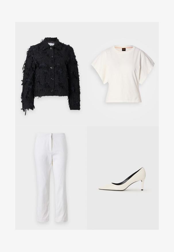 Black cropped jacket with textured fabric, featuring frayed detailing, a collared neck, and front button closure.; White cropped T-shirt, short wide sleeves, soft cotton material, round neckline with subtle orange trim, minimal design, no patterns or graphics.; White cotton pants with a straight leg design, featuring a mid-rise waist and no visible hardware or patterns. Smooth texture throughout.; White patent leather high-heeled pump with a pointed toe, slim heel, and black interior detailing. Smooth texture and sleek design.