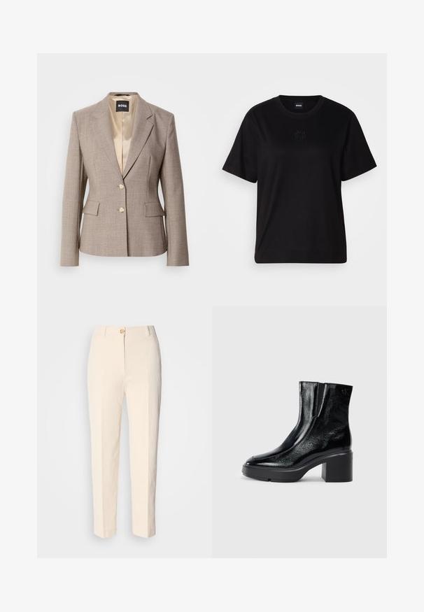 Kerged helepruun ülikondjakk, millel on sile satiinvooder, kaks esikotti ja kaks beeži nööpi sulgemiseks.; Mustmust särk, millel on ümar kaelus, lühikesed varrukad ja tindiga tikitud logo rinnal. Lihtne, mugav lõige ilma mustriteta.; Kreemikas värvi kõrge vöökohaga püksid, mis on valmistatud tekstureeritud kangast. Omab esFront nuppude sulgemist ja kitsenevaid jalgu.; Mustmustest must paeltega särkide, millel on kõver varvas, elastsed külgpaneelid ja jäme plokkpealse. Tagaküljel on reljeefne logo.