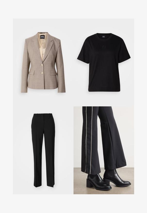 Kerged helepruun ülikondjakk, millel on sile satiinvooder, kaks esikotti ja kaks beeži nööpi sulgemiseks.; Mustmust särk, millel on ümar kaelus, lühikesed varrukad ja tindiga tikitud logo rinnal. Lihtne, mugav lõige ilma mustriteta.; Mustad ja sirged püksid, millel on sile tekstuur ja teravad voldid esiosas. Ilma nähtavate detailideta.; Mustad nahast pahklu_bootid, millel on ploki konts ja elastsed külgpaneelid. Kombineeritud mustade pükstega, millel on valge küljeriba.