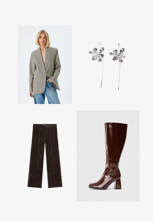 Geverifieerde blazer in lichtbruin en zwart, met een enkele knoopsluiting, notch-revers, gestructureerde schouders, gecombineerd met lichtblauwe jeans.; Massimo Dutti HALTER NECK - Top - dark brown; Wijdlopende broek in donkerbruin, met een suède-achtige textuur, verticale stiksels en een elastische tailleband voor comfort.; Kniehoge bruine laarzen van gepatenteerd leer met een vierkante neus, glanzende afwerking en een chunky hak voor stabiliteit. Naadloos ontwerp zonder zichtbare hardware.; Zilveren oorbellen in de vorm van bloemen met een gestructureerde afwerking, voorzien van lange haken en bloembladen-achtige details voor een ingewikkeld ontwerp.