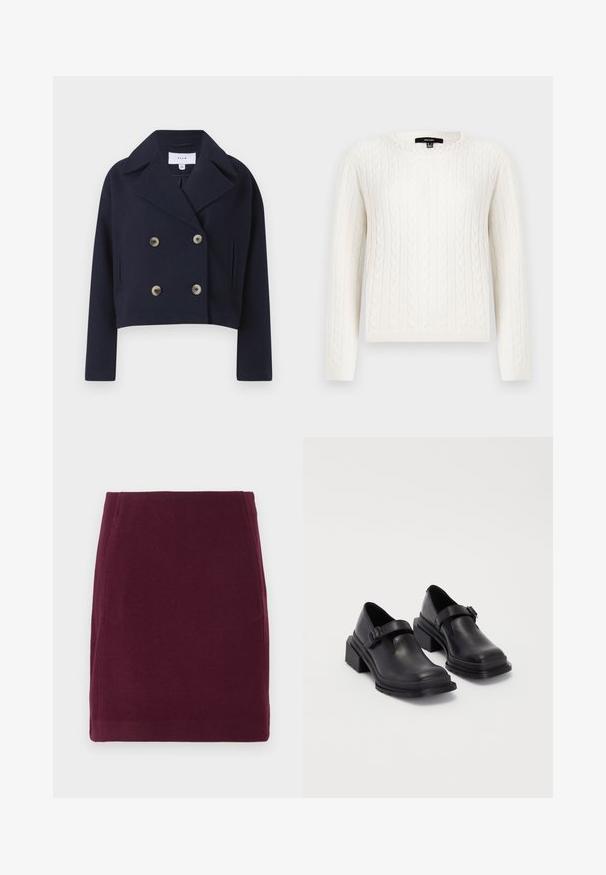 Tengerészkék, rövidített, dupla gombolású kabát, gallérral, két elülső zsebbel és sárgaréz gombokkal, puha anyagból készült.; Fehér, kötött pulóver, hosszú ujjal, kerek dekoltázzsal és dekoratív gyöngyös díszítéssel a galléron. Puha tapintású és testhezálló fazon.; Vero Moda VMFORTUNALLISON SHORT - A-vonalú szoknya - winetasting; Fekete bőr cipők lekerekített orral, lapos talppal és csattal díszített pánttal. Masszív blokk talp a megnövelt stabilitásért.