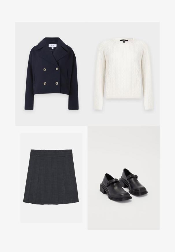 Námořnický zkrácený dvouřadý kabát s límcem, který má dvě přední kapsy a mosazné knoflíky, vyrobený z měkké tkaniny.; Bílý svetr s pleteninou, dlouhými rukávy, kulatým výstřihem a dekorativním perlovým akcentem na límci. Měkká textura a přiléhavý design.; Tmavě šedá plisovaná sukně s elastickým pasem, vyrobená z texturované látky a s klasickým A-čkovým střihem. Vhodná pro každodenní nošení.; Černé kožené boty s kulatou špičkou, plochou podrážkou a páskem s detaily s přezkou. Masivní blokový podpatek pro zvýšenou stabilitu.