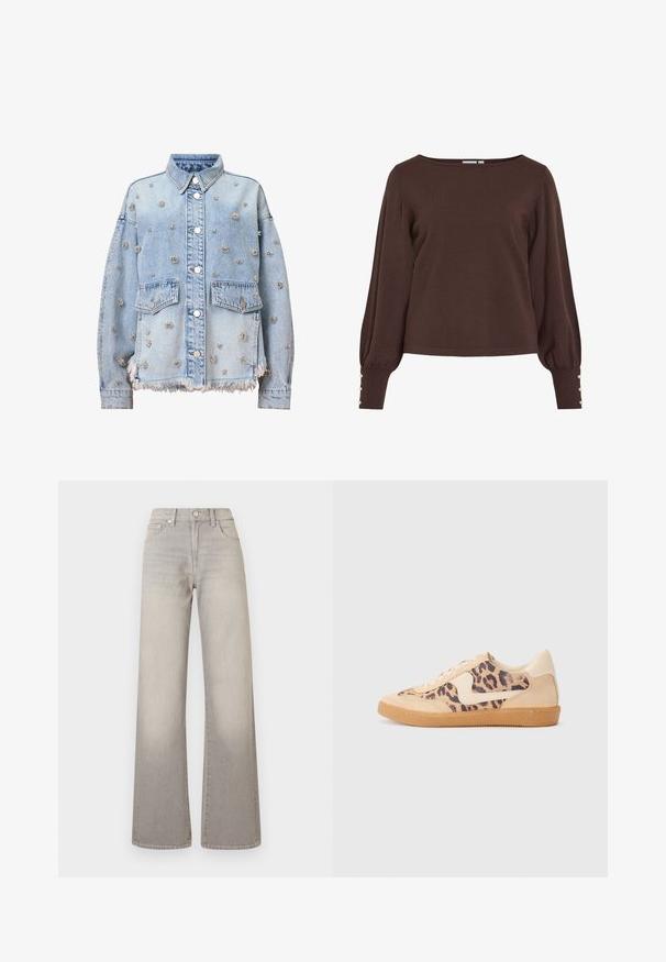 Jachetă din denim bleu deschis, decorată cu studs florale argintii, având două buzunare pe piept, un guler, și un tiv desfăcut. Capsele și cusăturile sunt vizibile.; Pulover maro din tricot cu decolteu tip barcă, mâneci lungi bufante şi nasturi decorativi la manşete. Are croială lejeră şi textură fină.; Un top alb off-the-shoulder cu accente volanate, textură pliată și talie elastică. Fabricat dintr-un material moale din bumbac.; Jeans largi gri cu un finisaj decolorat, închidere cu buton, design cu cinci buzunare și detalii cusute pe cusături.; Tenisi cu imprimeu de leopard, cu partea superioară din suede bej, talpă din cauciuc maro și accente albe. Vârf rotund și design cu șireturi, cu un finisaj texturat.