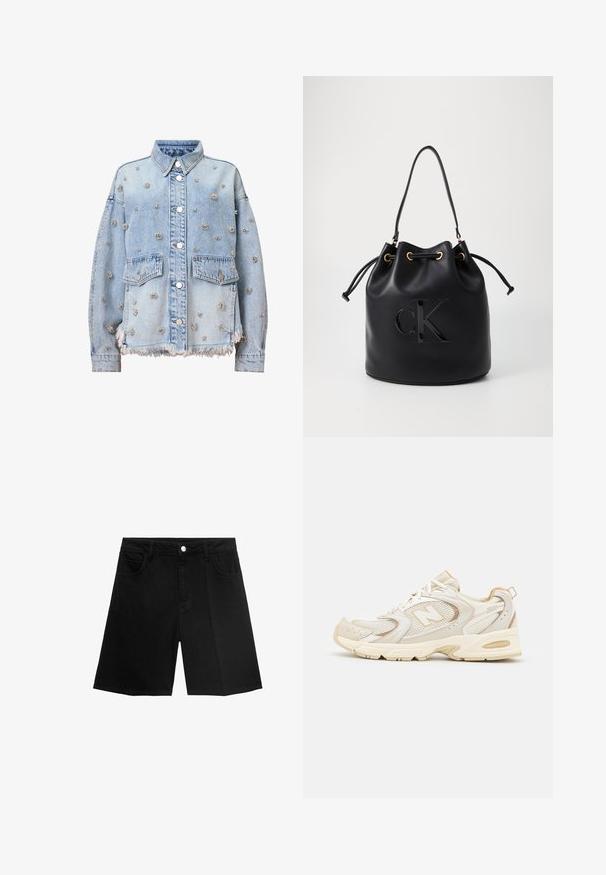 Svjetloplava traper jakna s srebrnim cvjetnim zakovicama, s dva džepa na prsima, ovratnikom i poderanim rubom. Dugmad i šavovi su vidljivi.; Bela skrajšana majica iz rebraste tkanine. Ima okroglo izreznico in kratke rokave. Črn vezen "cK" logotip na prsih.; Črne jeans kratke hlače z ravnim krojem, petimi žepi in srebrnim gumbom za zapiranje. Gladka tekstura z minimalnimi detajli šivanja.; Bež športni čevlji z mrežasto in sintetično oblogo, ki imajo teksturirano površino, podložen ovratnik in 'ABZORB' blaženje v peti.; Črna usnjena torba v obliki zaboja z vrvico za zapiranje, ki ima na sprednji strani sijajni logo "CK" in zlate kovinske dodatke.