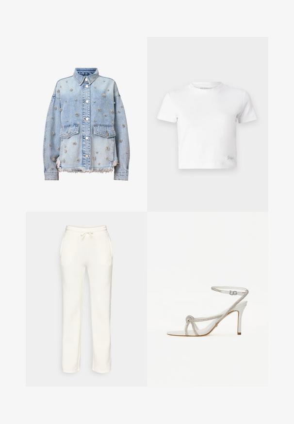 Světle modrá denimová bunda s stříbrnými květinovými nýty, dvěma náprsními kapsami, límcem a třepeným lemem. Viditelné knoflíky a švy.; Bílý zkrácený tričko z hladké bavlny, s vysokým výstřihem a krátkými rukávy. Malá vyšitá logo v dolním rohu.; Bílé tepláky s elastickým pasem, stahovací šňůrkou a bočními kapsami, vystavené na jednobarevném pozadí.; Bílé sandály na vysokém podpatku s texturovaným páskem zdobeným rhinestony, otevřená špička a kotníkový pásek s nastavitelnou sponou.