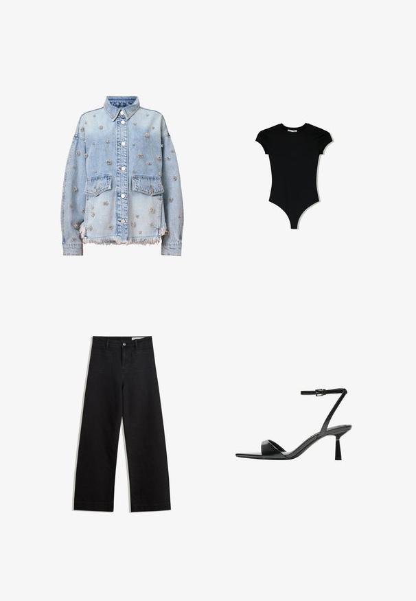 Světle modrá denimová bunda s stříbrnými květinovými nýty, dvěma náprsními kapsami, límcem a třepeným lemem. Viditelné knoflíky a švy.; Černý body s krátkým rukávem, kulatým výstřihem a vysokými rozparky na nohavicích, vyrobený z hladkého, elastického materiálu.; Černé denimové kalhoty s volným střihem a vysokým pasem, vybavené předními a zadními kapsami, prošívanými švy a knoflíkovým zapínáním. Hladká textura.; Bershka Sandály na vysokém podpatku - black
