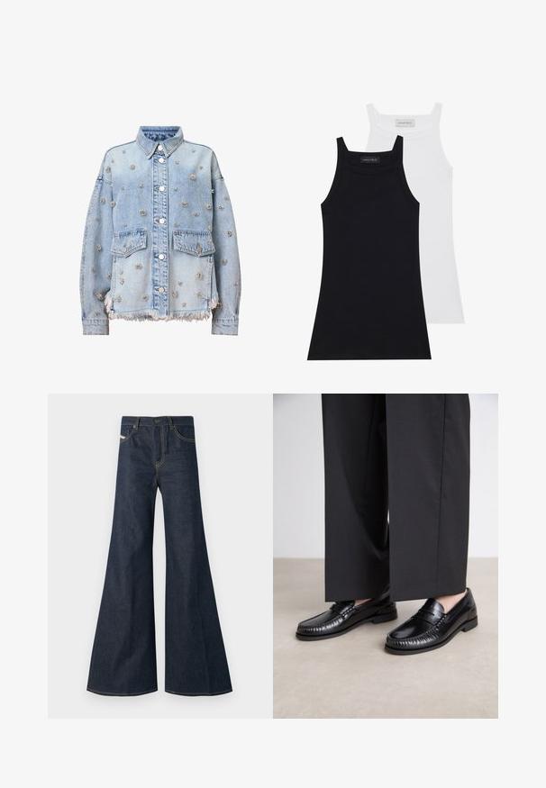 Light blue denim jacket featuring silver floral studs, two chest pockets, a collared neckline, and a frayed hem. Buttons and stitching are visible.; Two sleeveless tops in black and white. Made of soft, stretchy fabric with a ribbed texture and a fitted design. Features narrow straps.; Dark blue flared jeans made of denim, featuring a high waist, gold stitching accents, and two front pockets with a button closure.; Black leather loafers with a smooth finish, stitched detailing around the toe, and a low rubber sole. Paired with wide black trousers.