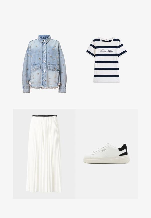 Hellblaue Denimjacke mit silbernen Blumen-Nieten, zwei Brusttaschen, einem Kragen und einem fransigen Saum. Knöpfe und Nähte sind sichtbar.; Baumwoll-T-Shirt mit horizontalen navy-blauen Streifen auf weißem Hintergrund. "Tommy Hilfiger" in Kursivschrift auf der Brust gestickt. Runder Halsausschnitt.; Faltenrock aus Weiß mit einem schwarzen elastischen Bund, der das "LACOSTE"-Logo trägt. Mittellanges Design mit weicher Textur.; Weiße Leder-Sneaker mit einer dicken weißen Sohle, schwarzem Wildlederakzent an der Ferse und geprägtem Logo an der Seite. Schnürdesign mit sechs Ösen.