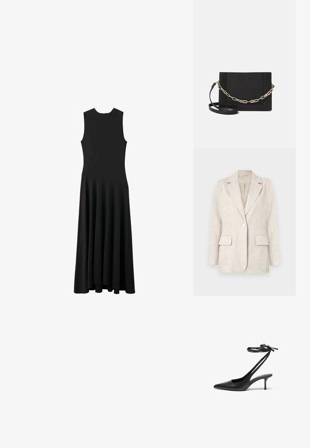 Světle béžová lněná blazerka s klopovým límcem, zapínáním na jeden knoflík a dvěma předními kapsami. Hladký materiál s dokonale padnoucím střihem.; Černé maxi šaty bez rukávů s přiléhavým vrškem a rozšířenou sukní, které mají hladkou texturu a minimalistický design, bez viditelných zapínání.; Černá kožená stiletto botička s špičatou špičkou, otevřenou zadní částí a kotníkovými řemínky uvázanými do mašle. Štíhlý 3palcový podpatek. Hladká textura, minimalistický design.; Černá kožená crossbody taška s hladkým povrchem, obdélníkovým tvarem a kovovým řetízkem na přední straně. Součástí je nastavitelný popruh.