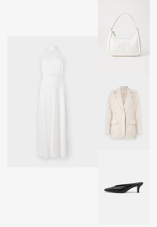 Šviesiai smėlinis lininis švarkas su įpjautu apykakle, užsegamas vienu mygtuku, ir dviem priekinėmis kišenėmis. Lygus paviršius su pritaikytu siluetu.; Balta halter tipo maksi suknelė su prigludusia liemene, raukšlėta juosta ir plazdančia sijonu. Lygus audinys su švelniu blizgesiu.; Juodi odiniai mulesai su smailiu priekiniu kraštu ir žemu stiletto kulnu. Lygi tekstūra, minimalistinis dizainas ir atvira nugarėlė patogiam dėvėjimui.; Balta odinė rankinė su išlenkta forma, su reljefiniu "CK" logotipu priekyje ir viena petneša. Užtrauktuko uždarymas viršuje.