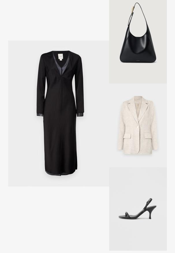 Gai beigu lina žakete ar izgrieztu apkakli, vienu pogu un divām priekšējām kabatām. Gluda tekstūra ar piegulošu griezumu.; Melns garo piedurkņu kleita gludā audumā, ar dziļu V-veida kakla izgriezumu, satīna akcentiem uz apkakles un sānu izgriezumiem, lai nodrošinātu kustību brīvību.; Melnas ādas augstpapēžu sandales ar plānu, izliekta formas papēdi un krustenisku siksnu dizainu. Regulējama potītes siksna. Gluda tekstūra.; Melnas ādas plecu soma ar gludu tekstūru, izliekta silueta un zelta aparatūru. Aprīkota ar debumpētu zīmola logotipu apakšā.