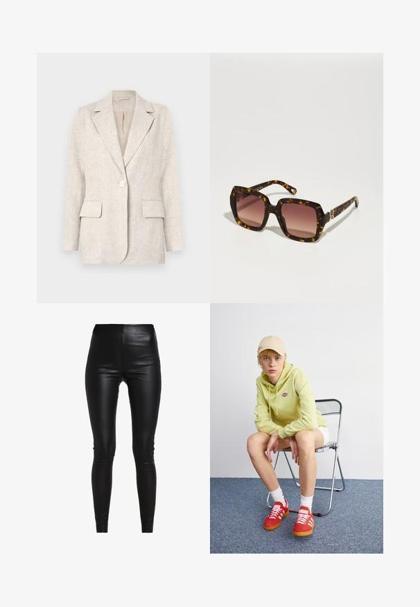 Heled kreemjas linane bleiser nohikraega, ühe nupuga kinnitusega ning kahe esikäega. Sile tekstuur ja kohandatud lõige.; Hallide halli kõrge kaelusega sviiter, millel on lõdvestunud lõige, soonikust mansetid ja allserv. Seljaosa on lihtne, ilma lisadeta.; Mustad kunstnahklega retuusid kõrge vöökoha, kehafiguuri järgiva disainiga, siledast tekstuurist ja ilma nähtavate õmbluste või kaunistusteta.; Hele roheline kapuutsiga särgiga, valged lühikesed püksid, punased tossud valgete triipudega, istub kroomitud kokkuklapitaval toolil neutraalse tausta ees.; CHLOÉ Päikeseprillid - havana/red; Mustroone nahast käekott kaarjate vormidega, kuldse tooni detailide ja ülemise käepideme ning sujuva sulgemise ja sileda tekstuuriga.